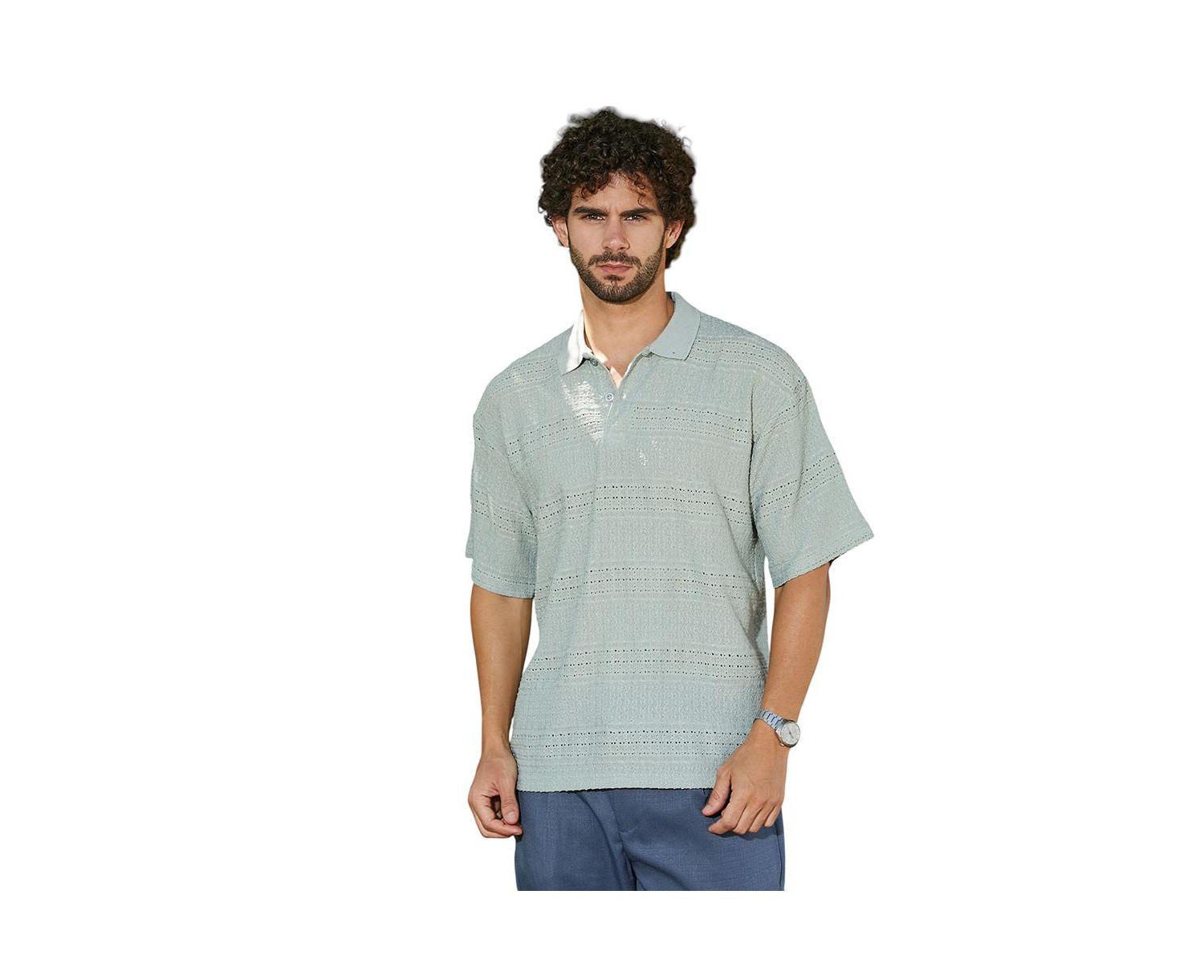 Men's Sage Green Bohomian Oversized Polo T-Shirt