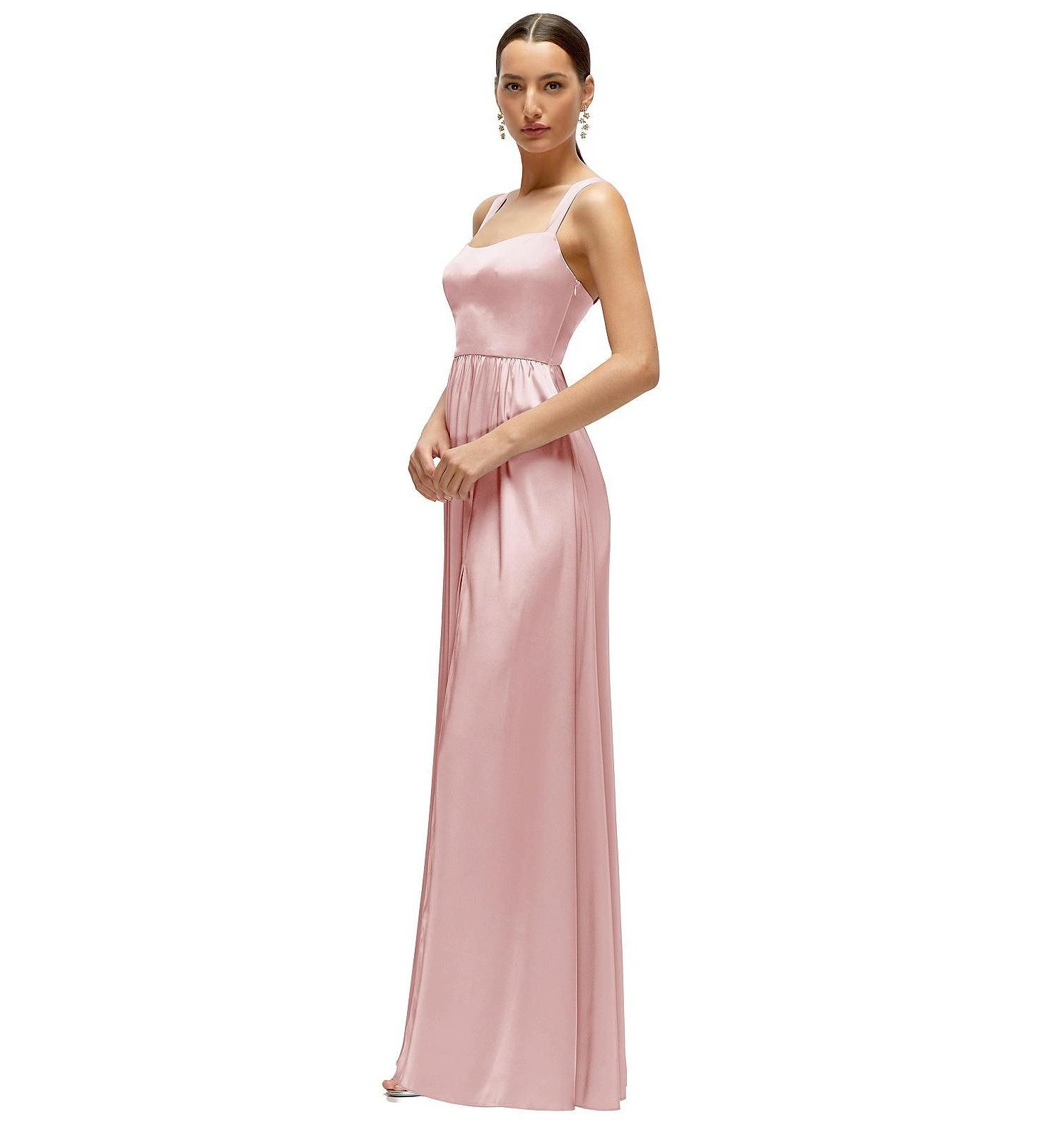 Women's Shaped Strap Portrait Neckline Fluid Satin Maxi Dress with Full Skirt