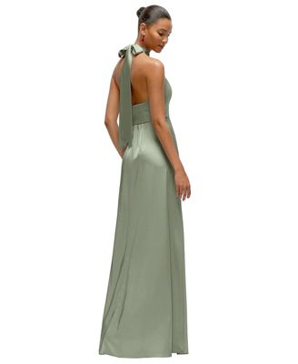 Women's Band Collar Halter Open Back Fluid Satin Maxi Dress with Self-Tie Bow