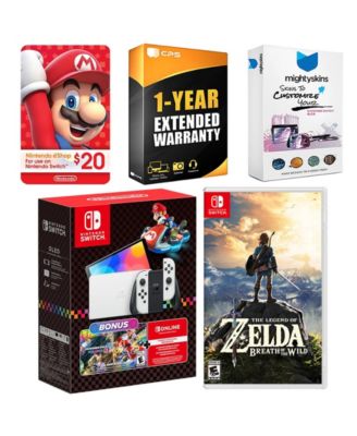 Switch OLED Console Mario Kart 8 Bundle with Legend of Zelda Breath of the Wild, Nintendo $20 eShop Gift Card, MightySkins Console and Contro