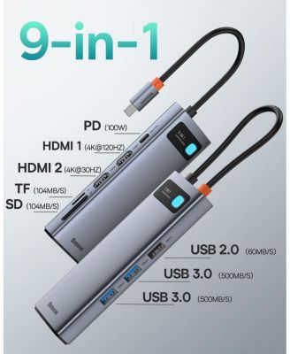 Laptop Docking Station Dual Monitor 4K120Hz, 9 in 1 USB C Hub with 2 HDMI, 1000Mbps LAN, Max 85W PD, 3 USB, SD Card Reader, USB C Dock Compatible with iPhone 15/Mac/Dell/HP/Surface/Steam Deck