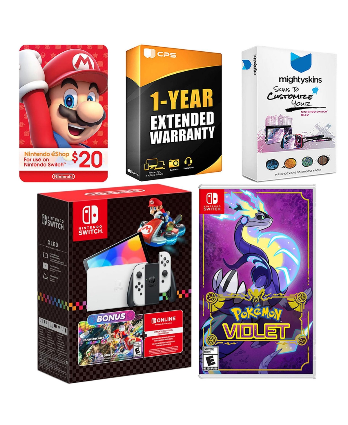 Nintendo Switch Oled Console Mario Kart 8 Bundle with Pokemon Violet, Nintendo $20 eShop Gift Card, MightySkins Console and Controller Skin Voucher an