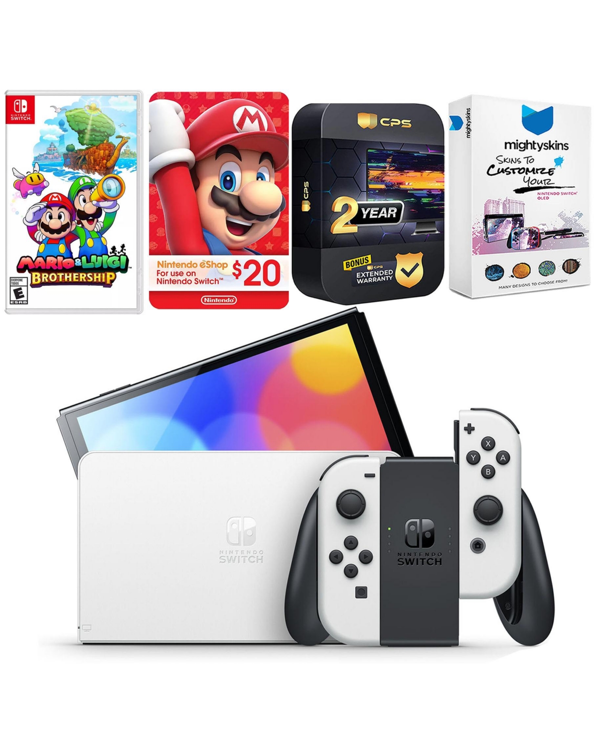 Nintendo Switch White Oled Console with Mario & Luigi: Brothership, Nintendo $20 eShop Gift Card, MightySkins Console and Controller Skin Voucher