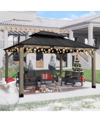 12' x 14' Wood Gazebo, Upgrade Cedar Wooden Frame Gazebo with 2-Tier Galvanized Steel Roof and Outlets for Patio, Backyard, Deck, and Lawn