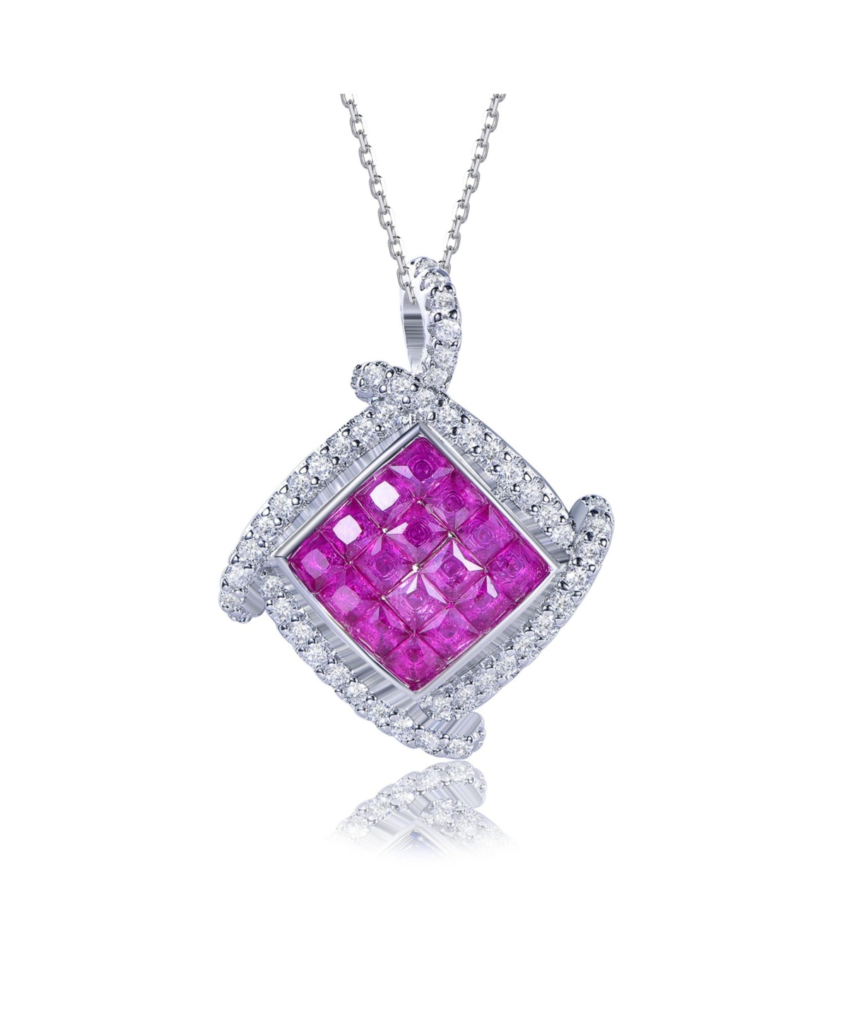Suzy Levian Sterling Silver Invisible Set Cubic Zirconia Cushion Pendant - Red