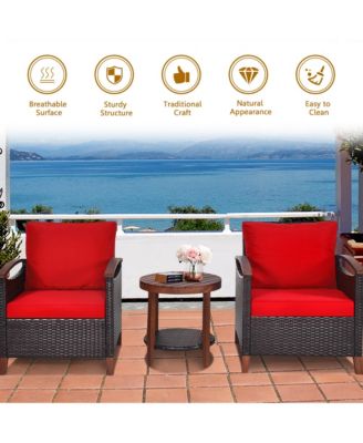 3PCS Patio Wicker Rattan Conversation Set Outdoor Furniture Set w/ Red Cushion