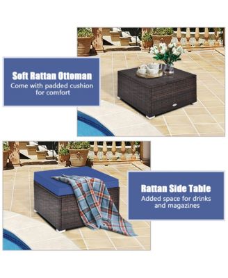 4PCS Rattan Patio Conversation Furniture Set Yard Outdoor w/ Navy Cushion