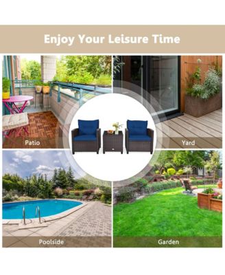 3PCS Outdoor Patio Rattan Conversation Set Garden Yard w/ Navy Cushions