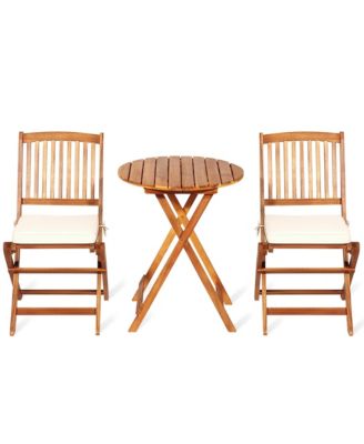 3PCS Folding Acacia Wood Bistro Set Patio Conversation Set w/ Cushions