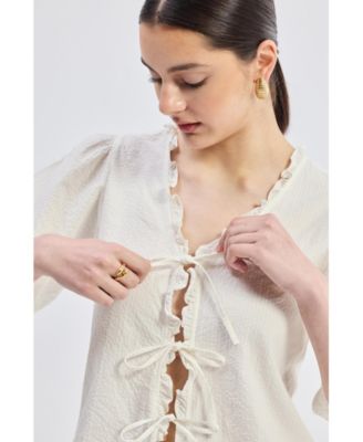 Women's Relaxed Fit Top With Ruffles and Front-Ties in Cream