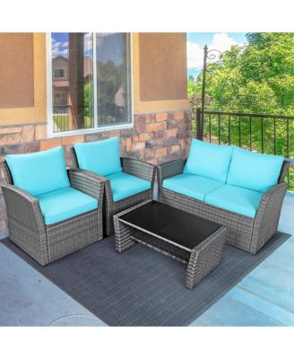 4PCS Patio Rattan Conversation Set Outdoor Furniture Set w/ Turquoise Cushions