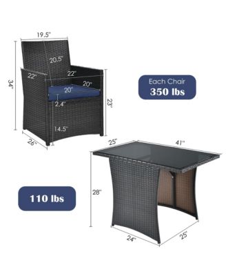 3PCS Patio Wicker Bistro Set PE Rattan Dining Table Set w/ Navy Cushions