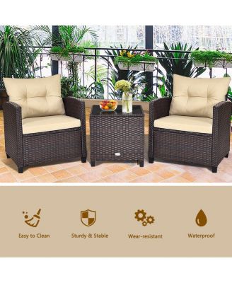 3PCS Patio Outdoor Rattan Conversation Set w/ Coffee Table Cushion