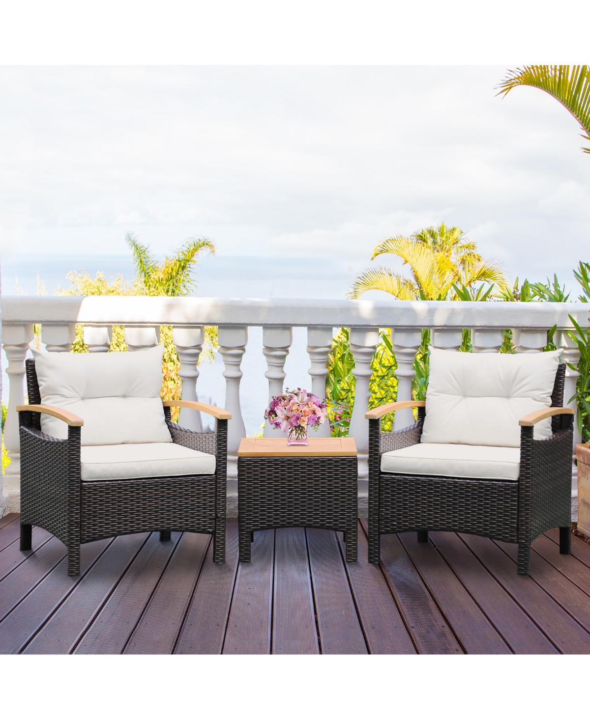 Gymax 3 Piece Patio Bistro Set Pe Rattan Conversation Furniture Set w/ Acacia Wood Tabletop