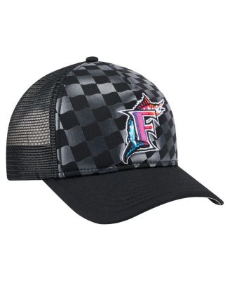 Men's Black Florida Marlins Cooperstown Collection Gradient 9FORTY A-Frame M-Crown Trucker Adjustable Hat