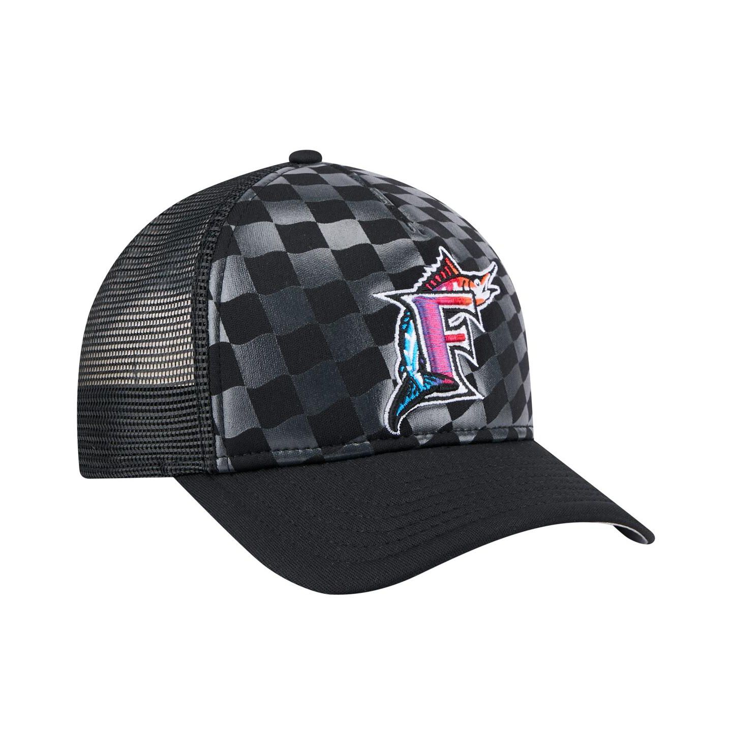 Мужская кепка New Era Black Florida Marlins Cooperstown Collection Gradient 9FORTY A-Frame M-Crown Trucker Adjustable Hat — фото 3