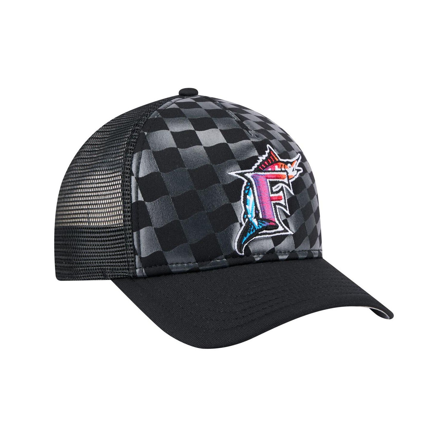 Men's Black Florida Marlins Cooperstown Collection Gradient 9FORTY A-Frame M-Crown Trucker Adjustable Hat
