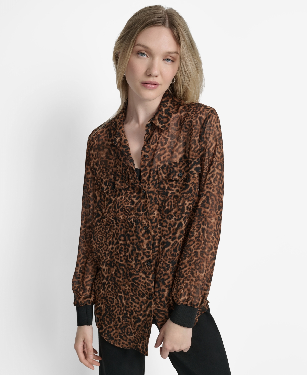 Dkny Zebra Print Long Sleeve Mesh Shirt In Brown