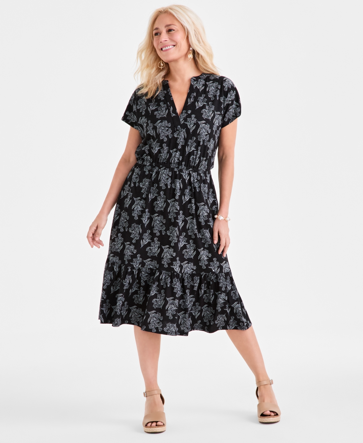 Style & Co Petite Floral-print Midi Dress, Exclusively At Macy's In Black