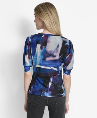 Women's Printed Puff-Sleeve Ruched Top