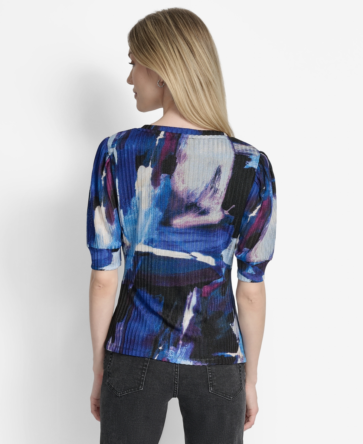 Dkny Print Ruched Puff Sleeve Top