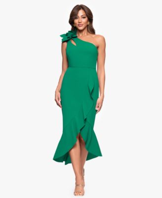 XSCAPE - Petites Asymmetrical One-Shoulder Ruffled Midi Dress