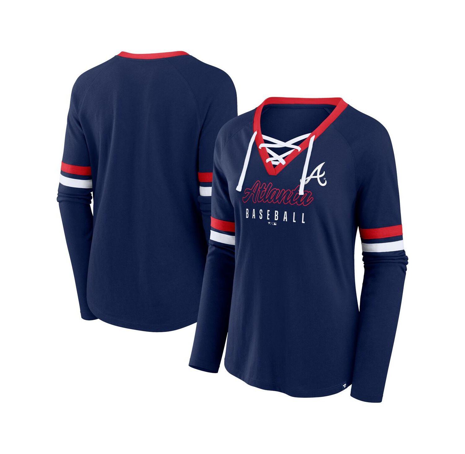 Women's Navy Atlanta Braves Won Done Raglan Lace-Up Long Sleeve T-Shirt