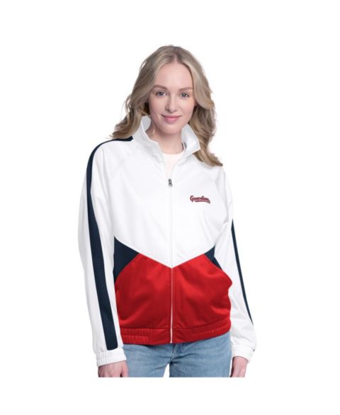 Женские куртки G-III Sports by Carl Banks Women's&nbsp;White/Navy Cleveland Guardians Rally Rhinestone Raglan Full-Zip Track Jacket