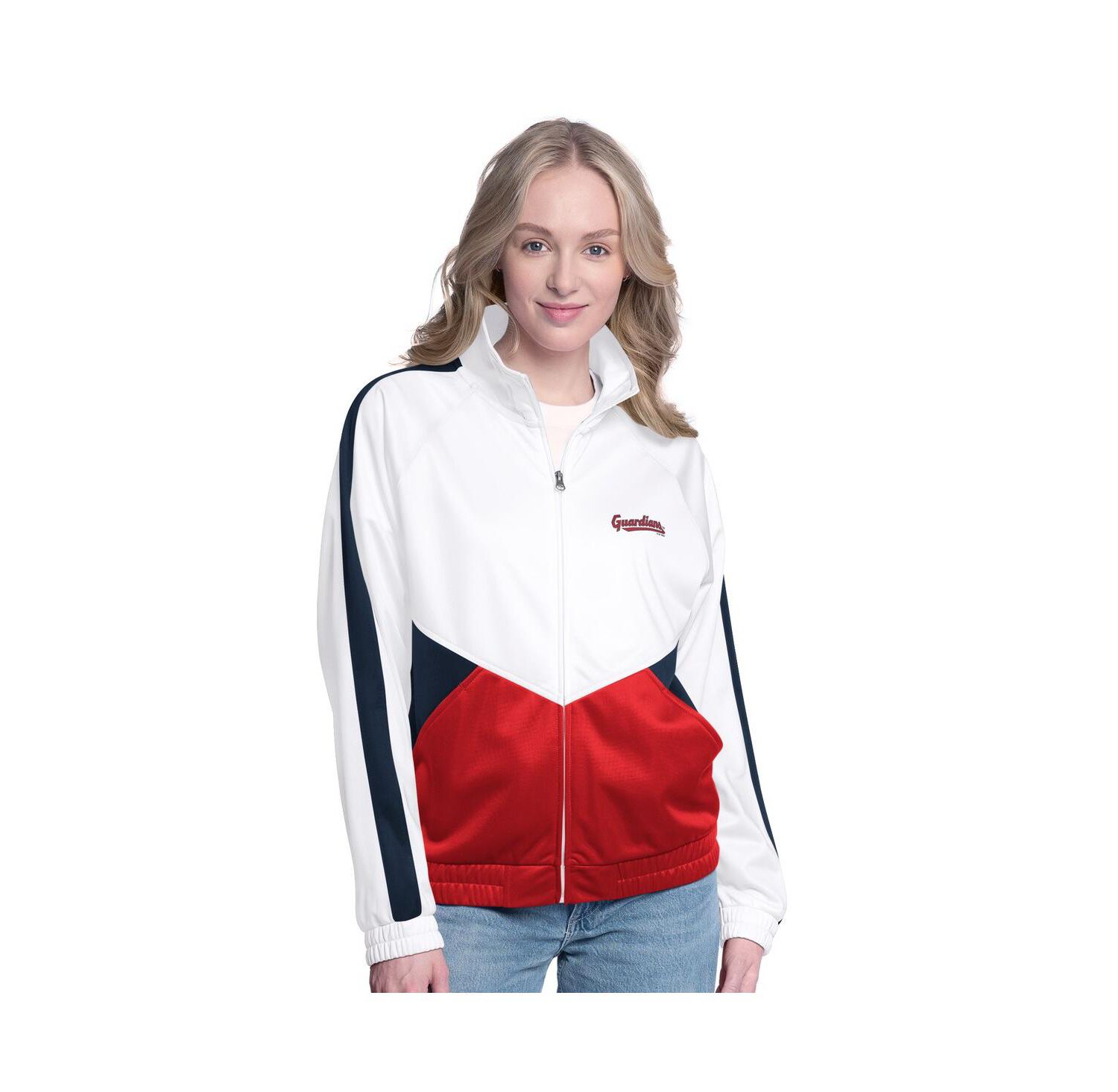 Women's White/Navy Cleveland Guardians Rally Rhinestone Raglan Full-Zip Track Jacket