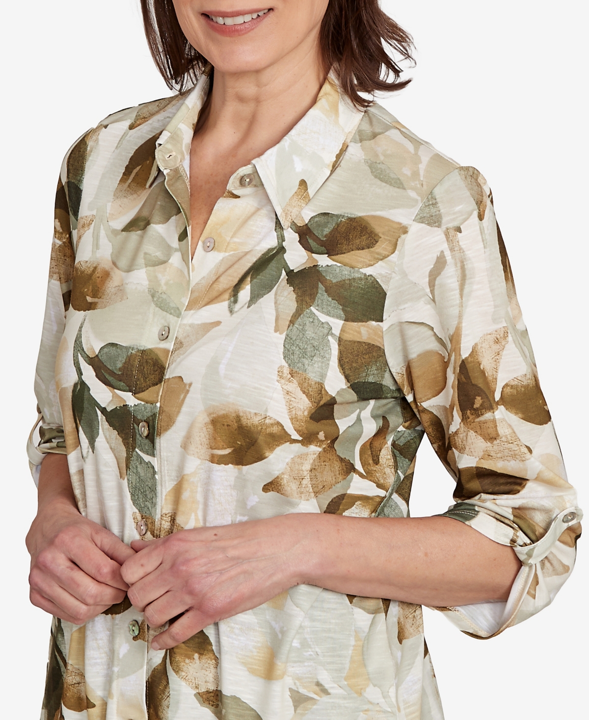 Alfred Dunner Petite Copper Canyon Knit Leaf Button Front Collared Top In Green