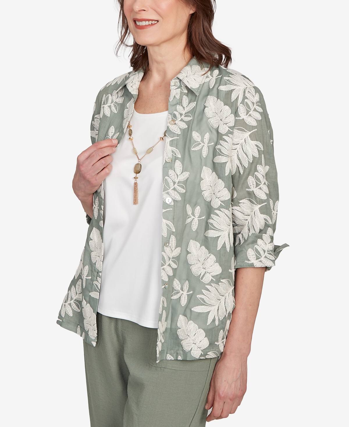 Alfred Dunner Plus Size Soutache Leaf Top With Necklace In Gray