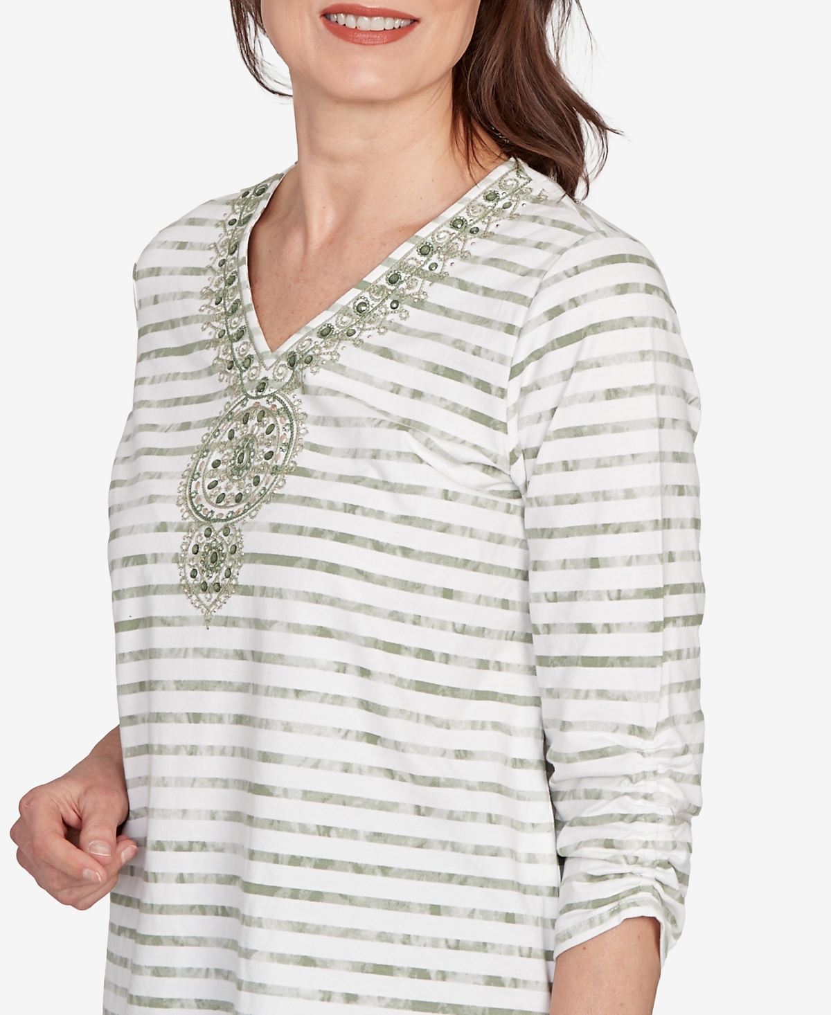 Alfred Dunner Petite Copper Canyon Textured Medallion Neckline Top In Multi