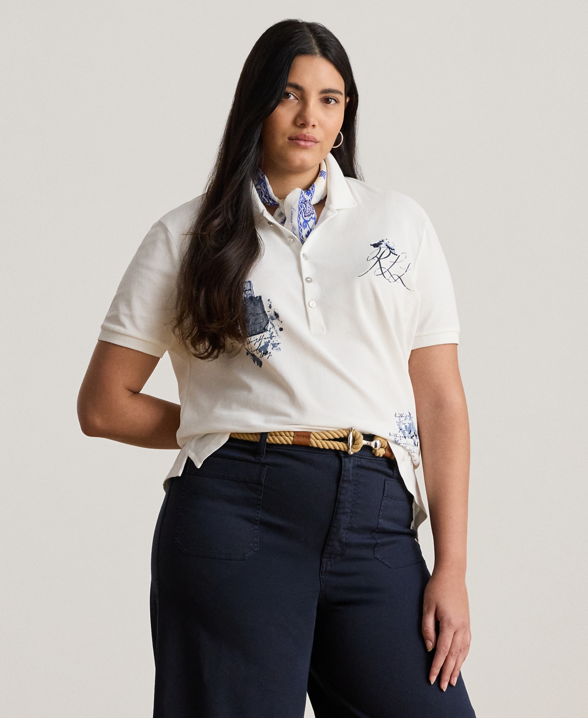 Plus Size Patchwork Pique Polo Shirt - White