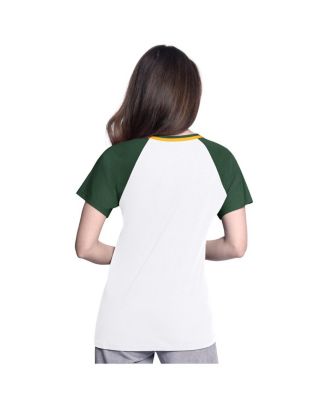 Women's&nbsp;White/Green Athletics Ball Park Raglan V-Neck T-Shirt