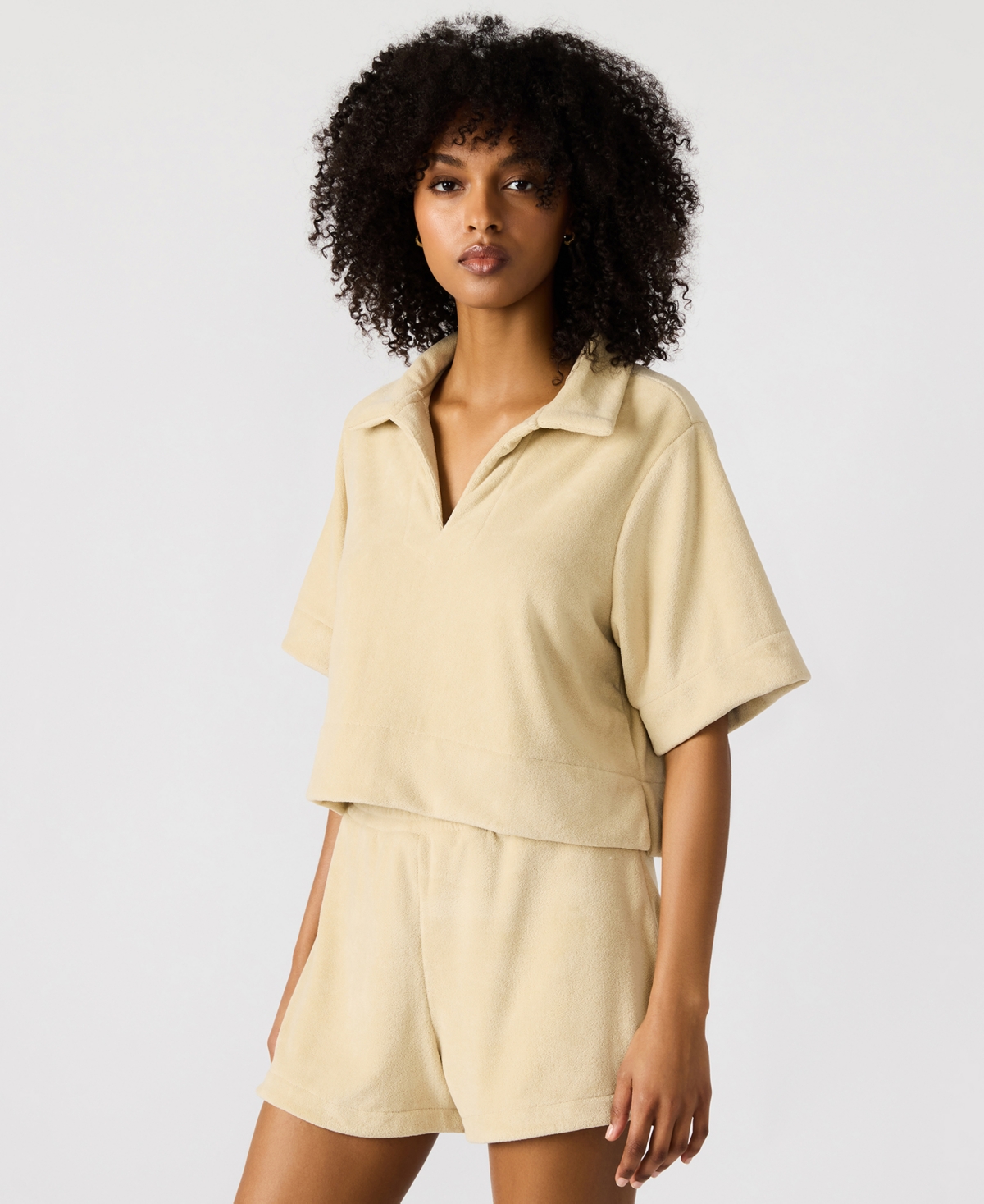 Women's Cropped Terrycloth Polo Top - Sand