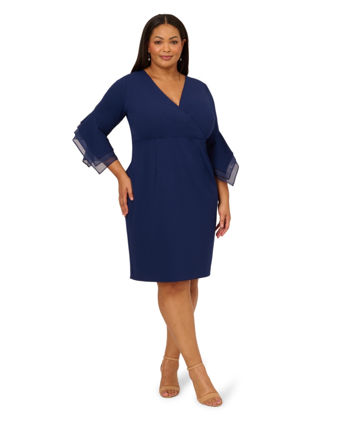 Plus Size 3/4-Sleeve Sheath Dress - Navy Sateen