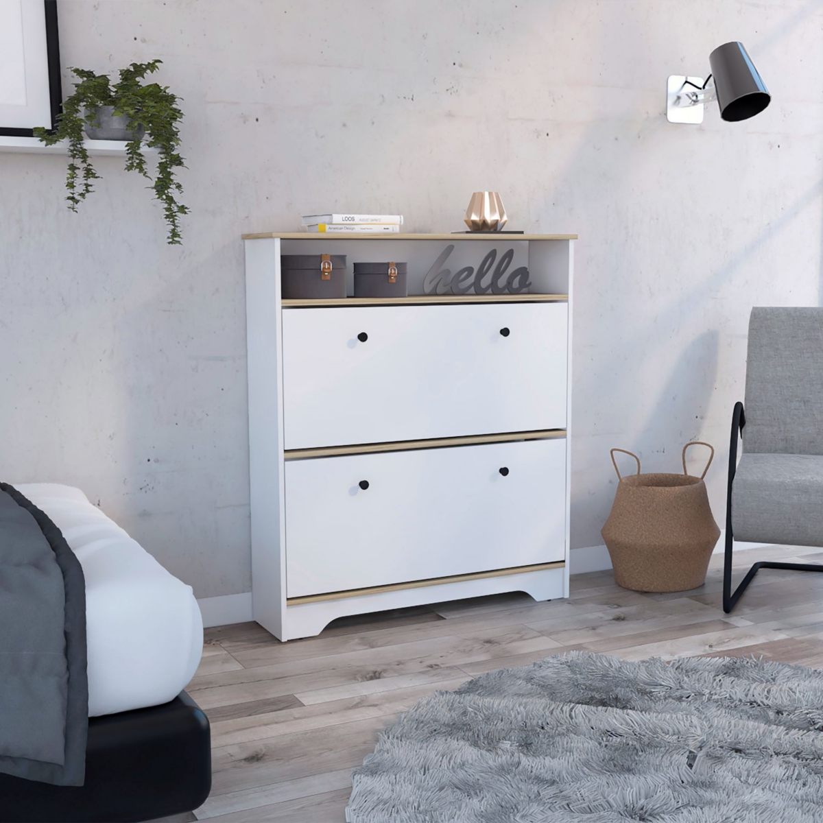 Wayne Shoe Rack 46&#x22; H, One Open Storage Shelf, Two Internal Storage Drawers, Two Doors - White / light oak