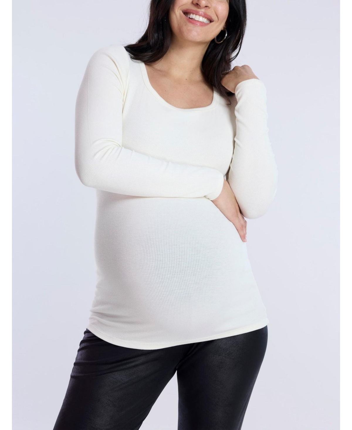 Maternity Square Neck Rib Knit Long Sleeve Tee - Motherhood - Bright white