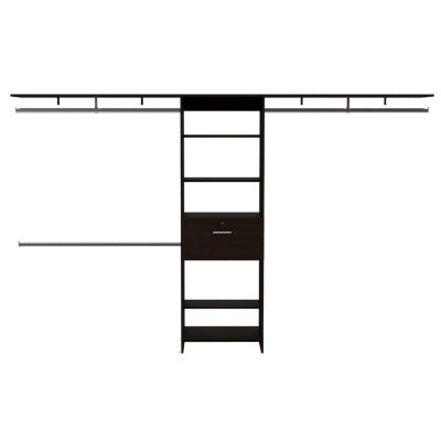 Zamora 70"W - 118"W Closet System, Three Hanging Rods, Five Shelves, One Drawer, Black