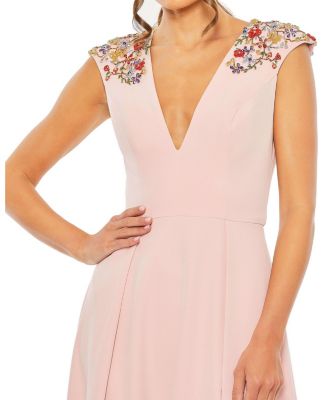 Mac Duggal Women's Beaded Cap Sleeve V Neck A Line Gown - Macy's