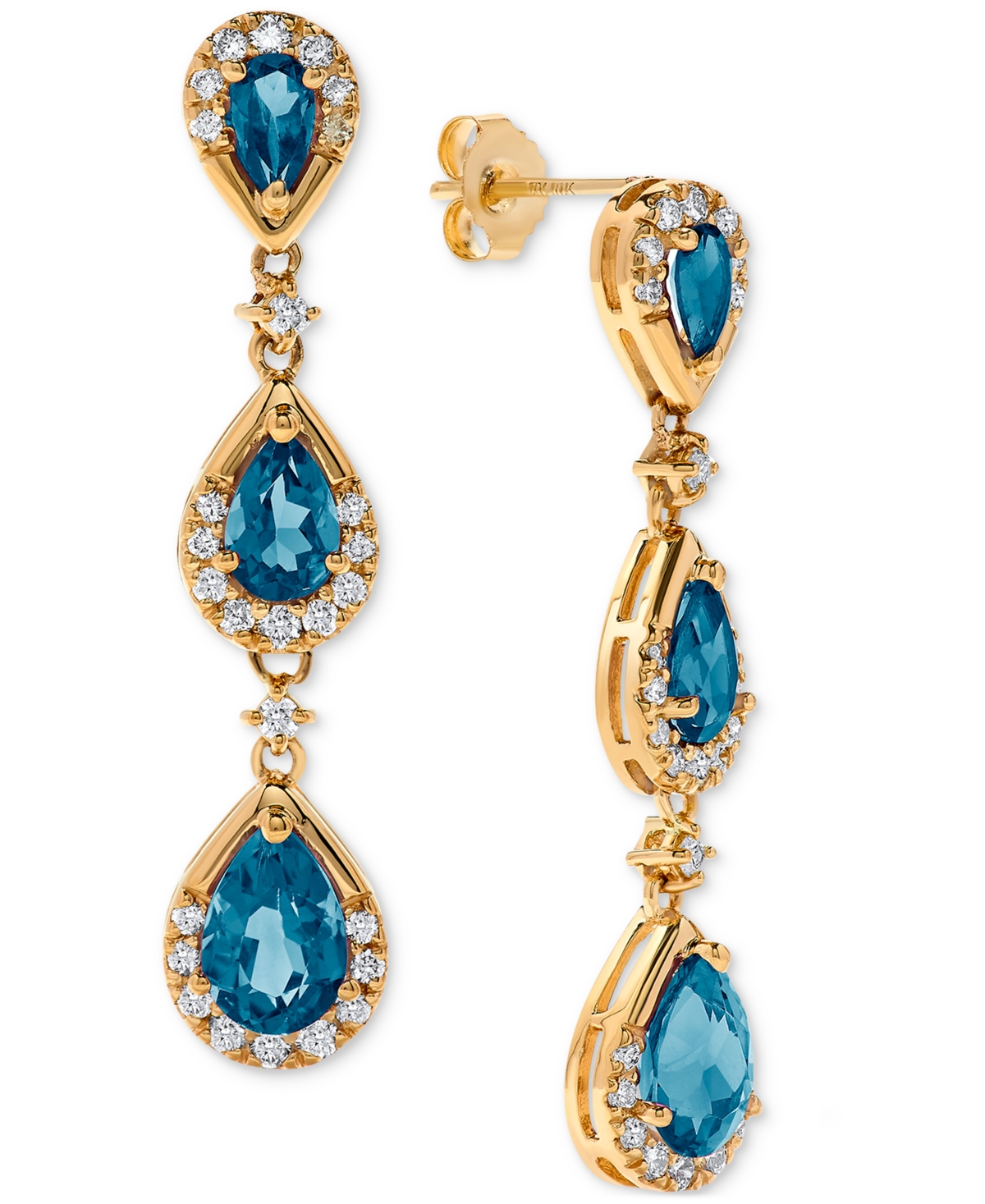 Blue Topaz (3-1/10 ct. t.w.) & Diamond (1/2 ct. t.w.) Pear Drop Earrings in 14k Gold - Blue Topaz