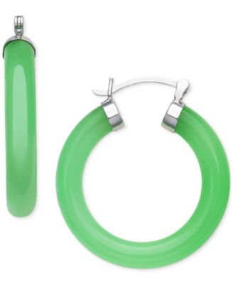 Dyed Green Jade Polished Cap Small Hoop Earrings in Sterling Silver, 1"