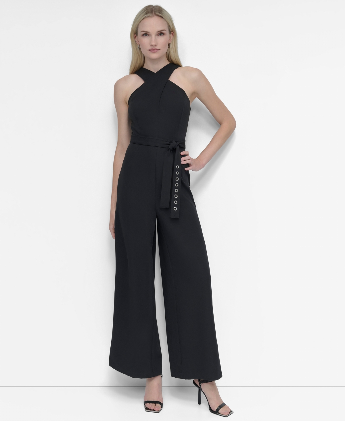 Women's Crisscross Halter Belted Wide-Leg Jumpsuit - Black