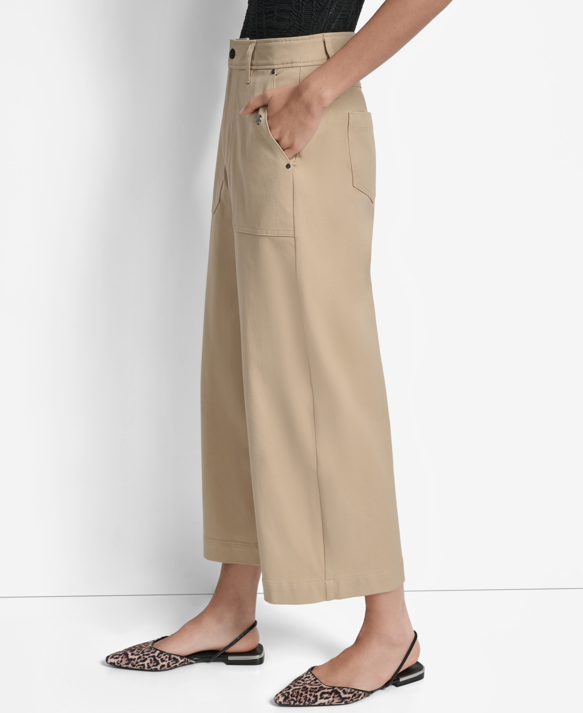 Dkny Button Pocket Crop Wide Leg Pants In Brown