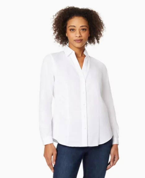 Petite Easy Care Button Up Long Sleeve Blouse - White