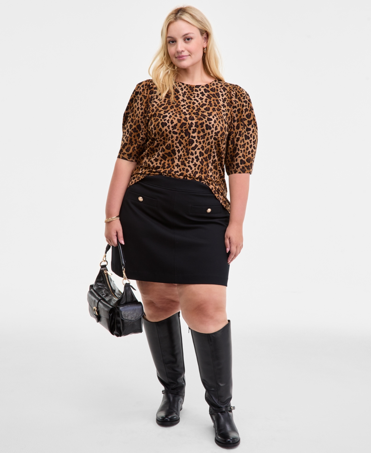 On 34th Trendy Plus Printed Ruched Puff-sleeve Crewneck Top, Macy's Exclusive In Animal Print