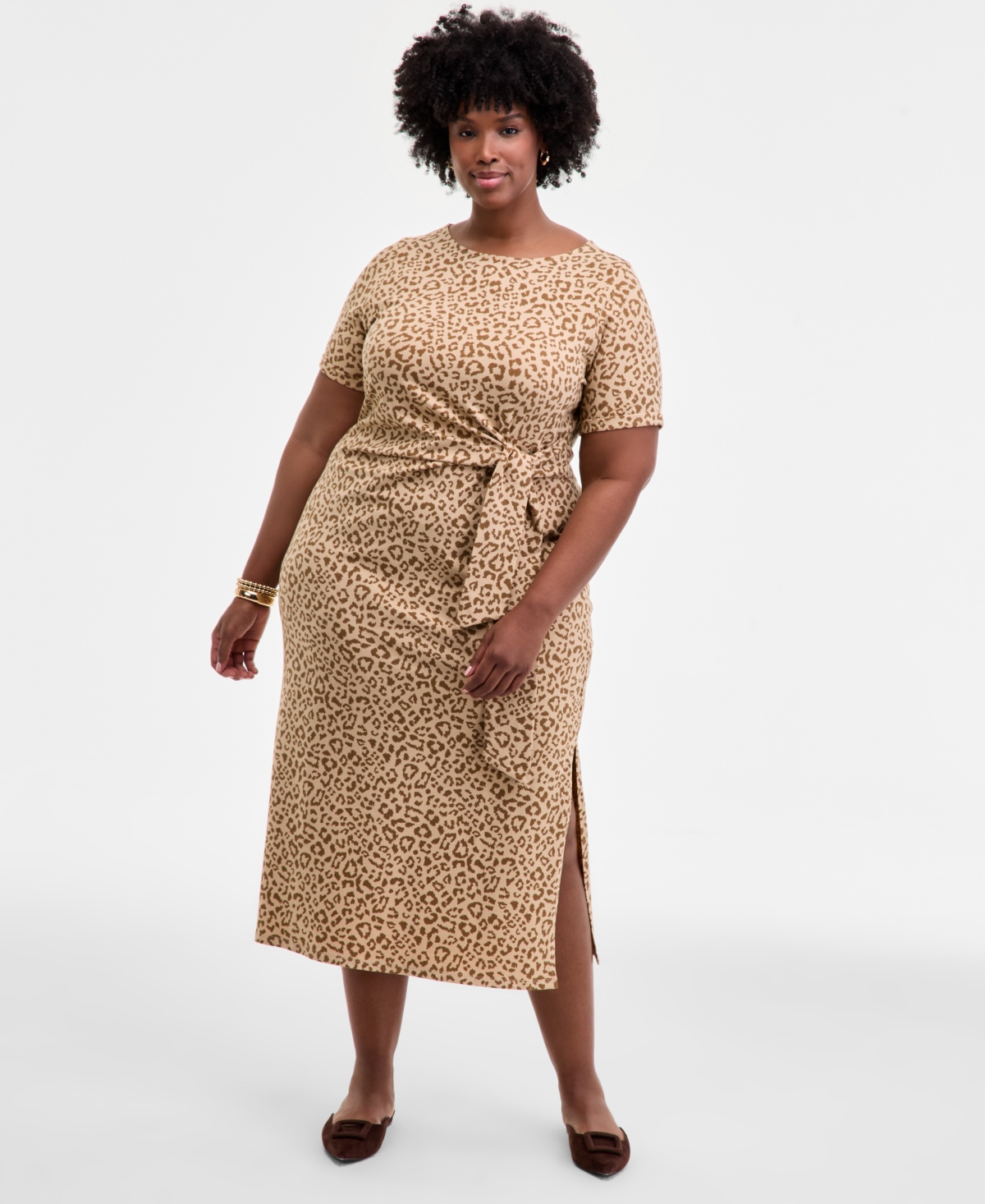 Trendy Plus Leopard-Print Tie-Waist Midi Dress, Macy's Exclusive - Leopard