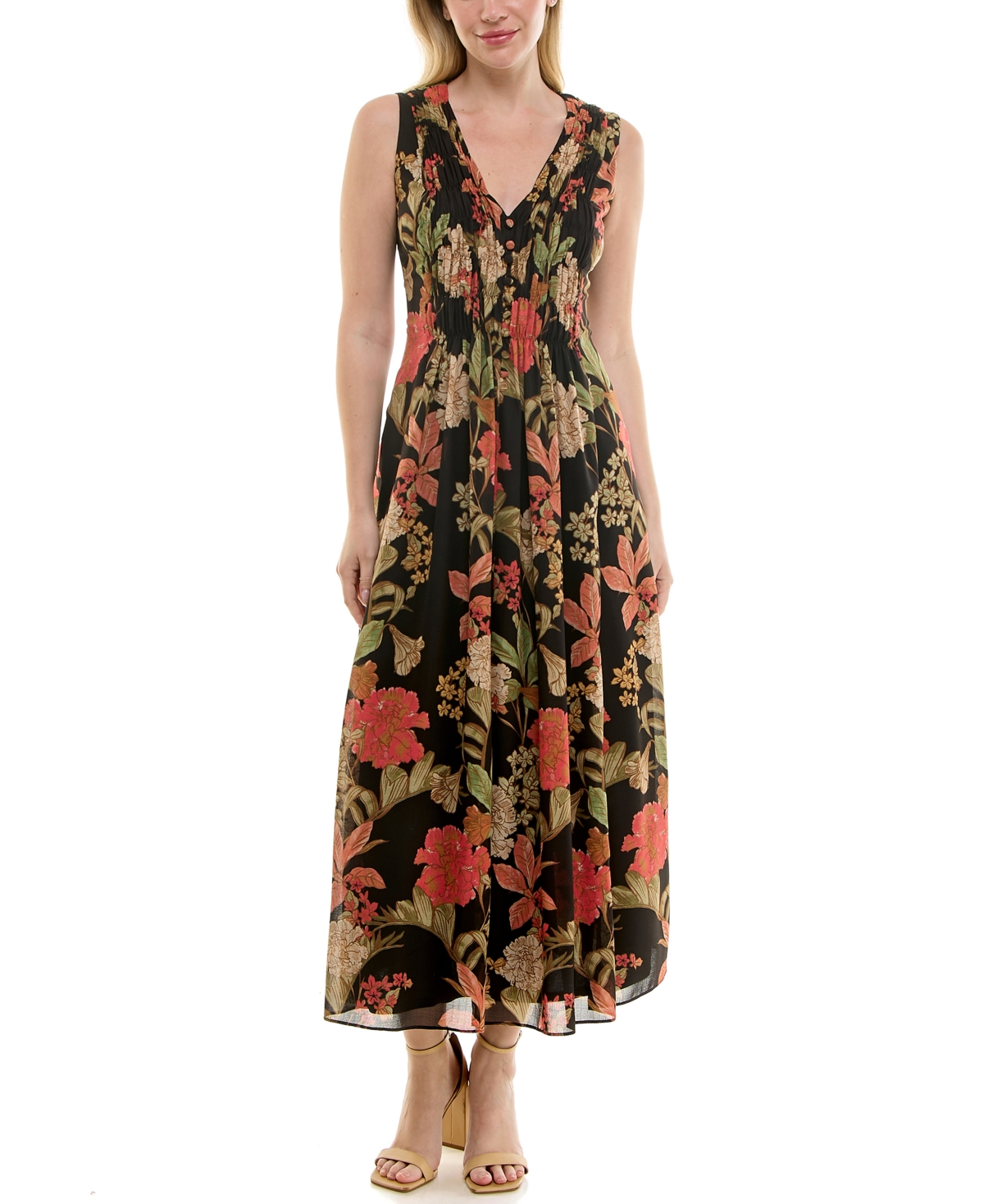 Women's Printed V-Neck Smocked-Waist Sleeveless Dress - Black Apricot