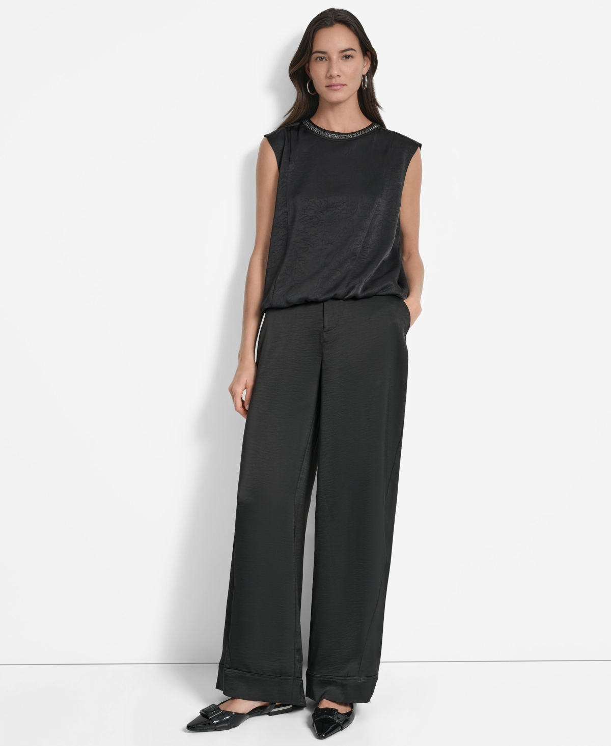 Dkny Chain Sleeveless Crinkle Satin Top In Black