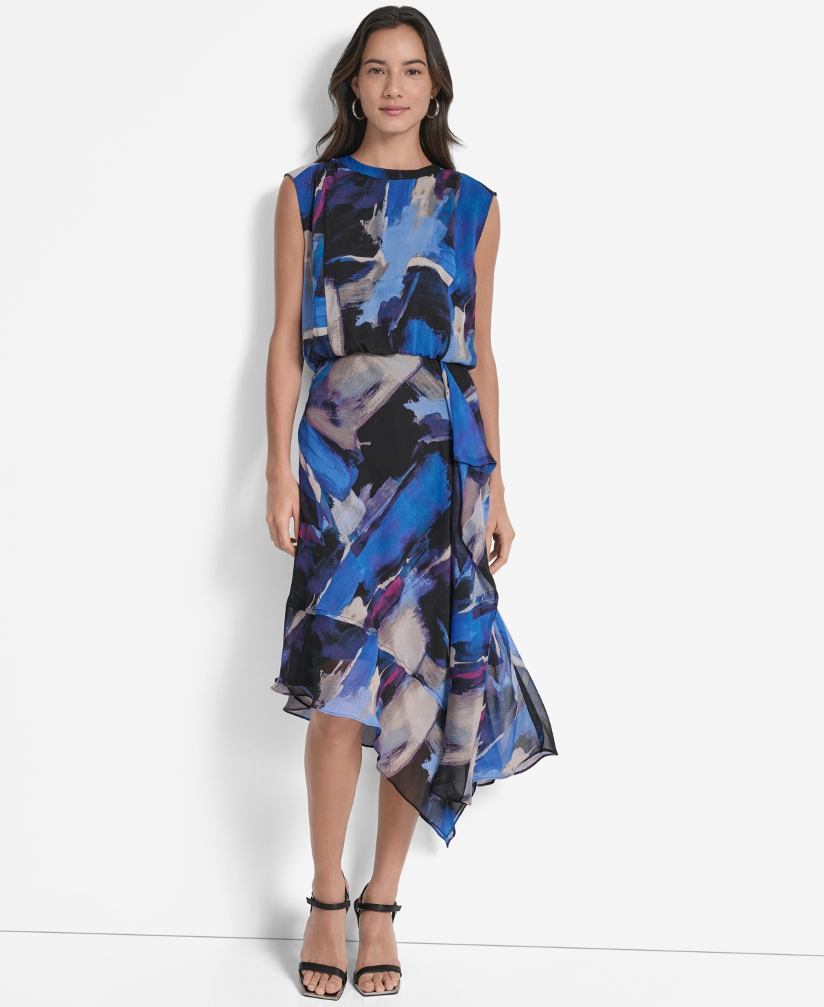 Dkny Sleeveless Asymmetric Midi Dress In Blue